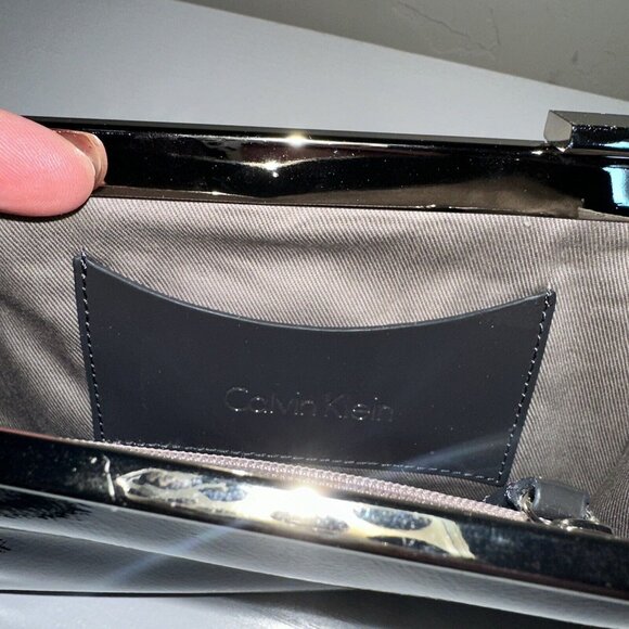 Calvin Klein Patent Gray Leather Silver Clasp Wristlet Clutch 8 X 5 - Picture 8 of 10